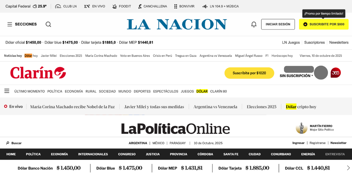 La relación con el dinero en Argentina está condicionada por los tipos de cambio, muy fluctuantes, debido a las turbulencias de la economía nacional. Lo demuestran estas estadísticas que, actualizadas permanentemente, marcan la pauta en los medios. Imagen: BAC.