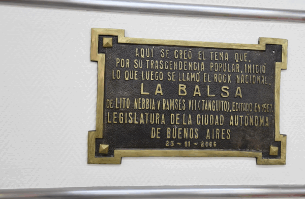 Placa conmemorativa en la pizzería La Americana. (Foto: Télam)